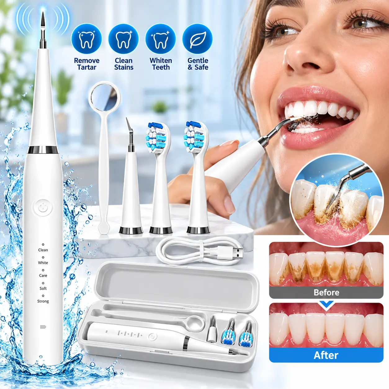 Portable Ultrasonic Dental Cleaning Tool, Electric Teeth Cleaner for Daily Oral Care, Compact Tartar and Surface Stain Care Device for Adults