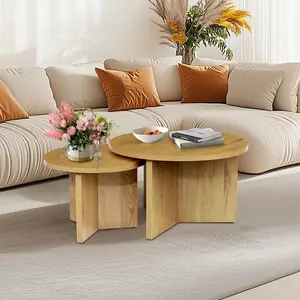 Round Nesting Coffee Table Set of 2, Modern Stacking Table with Wood Grain Finish, End Table Side Tables for Living Room (Natural Oak)