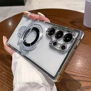 Shockproof Protective Four Comers Air Cushion Anti-drop Clear Phone Case for Samsung S26 S25 Ultra S24 S23 FE Ultra S22 Plus with Sticky Magsafe Stand & Plated Bracket-A133