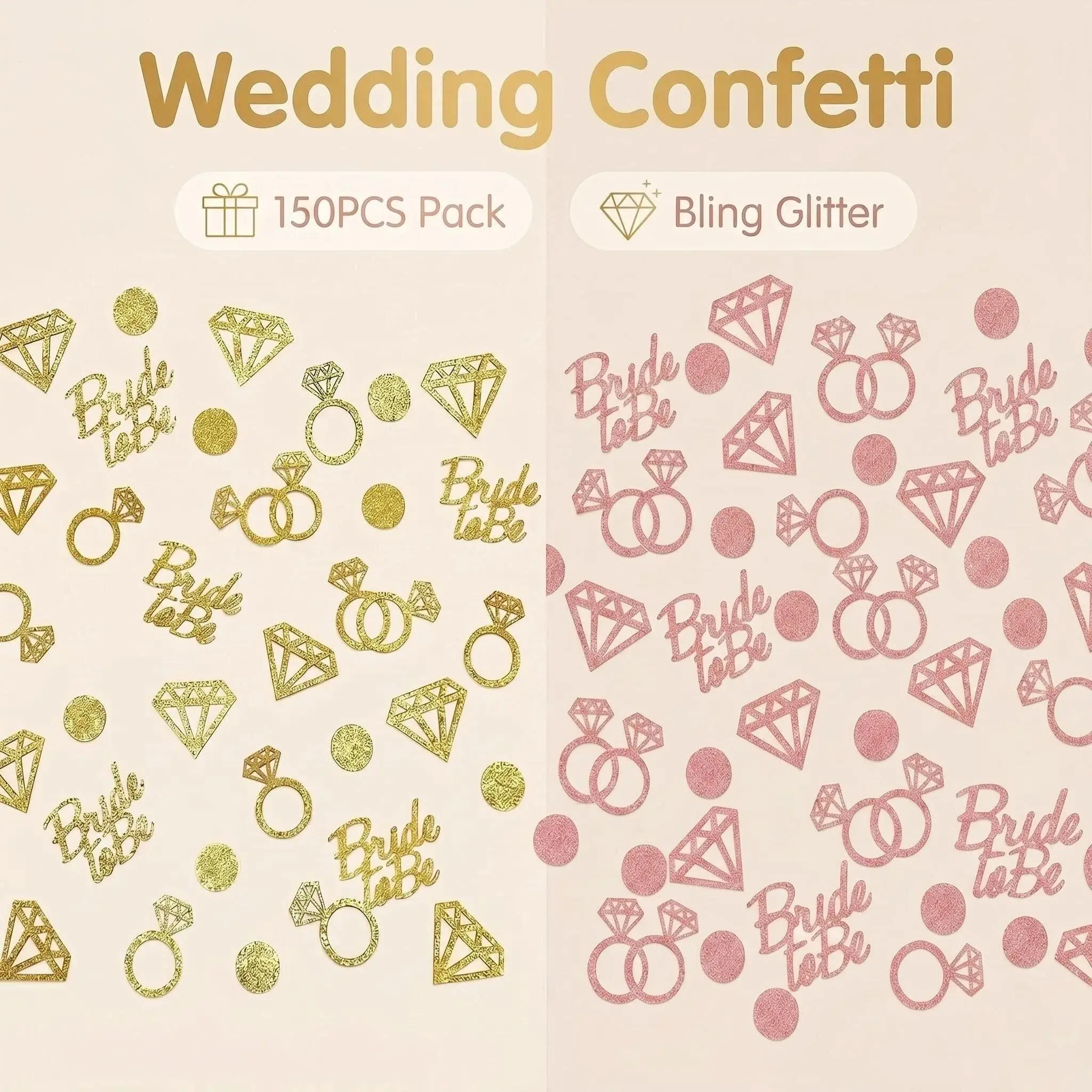 150 Rose Gold Confetti Pieces, Includes Bride Design, Diamond Ring, Heart, Perfect for Singles Party, Wedding Party Table Decorations, Party Supplies