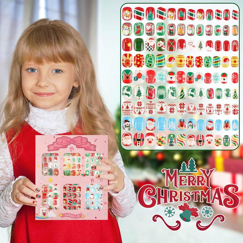 216 Pieces Kids Christmas Press On Nails 9 Pack Full Cover Short Stick On Fake Nails for Girls Cute Holiday Nail Art for Party Favors and Gifts