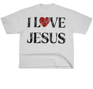Vintage I Love Jesus Print Short Sleeve Shirt, Menswear Top T-shirt, Cotton Polyester Graphic Round Neck Casual Tee
