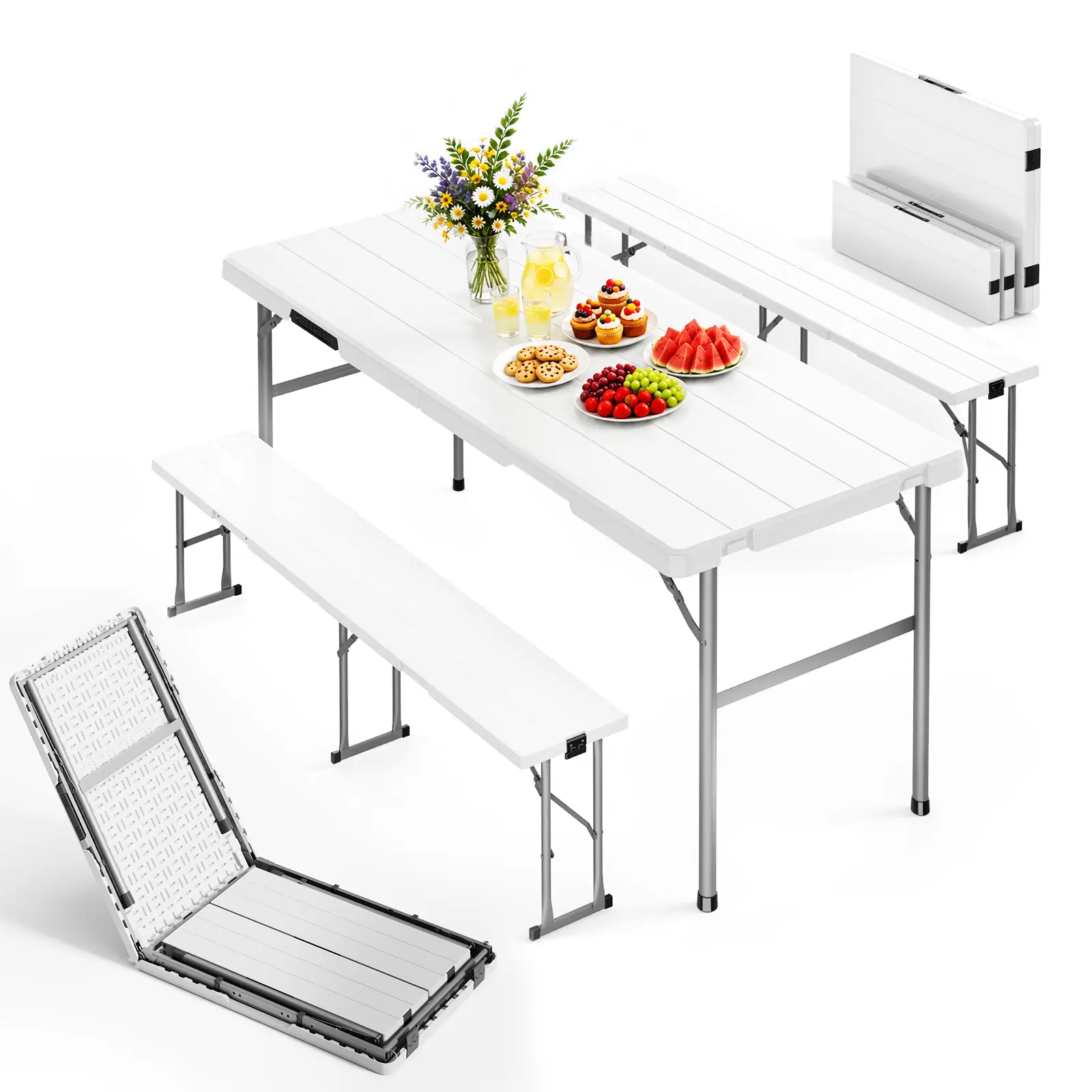 IWDOO 6FT Folding Picnic Table Set with 2 Benches, 3-Piece Portable Rectangular Patio Dining Table, Lightweight Outdoor Furniture for Camping, Backyard, Plastic Folding Tables Hdpe Lightweight