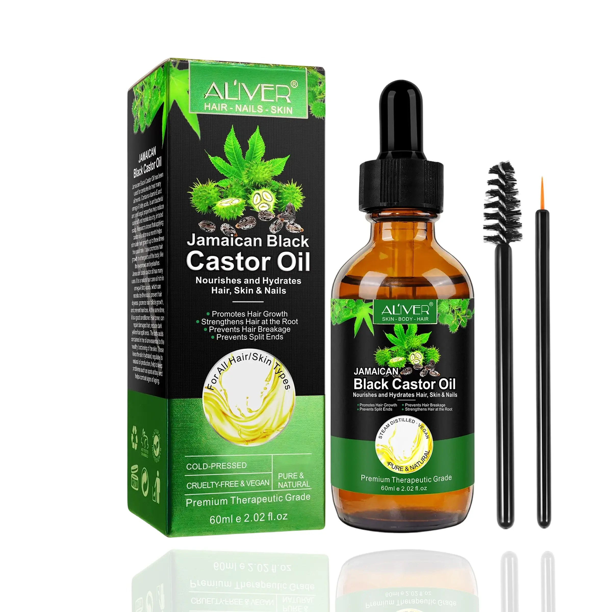 Black Castor Oil Kit 2.02 fl oz Cold Pressed Unrefined Oil, Reusable Organic Castor Oil Pack Wrap Set for Hair Growth, Eyelashes, Eyebrows & Body Massage Cosmetic