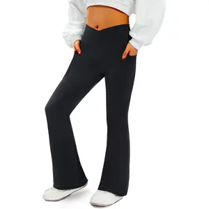 Women's Flare Yoga Pants with Pockets V Crossover High Waisted Bootcut Yoga Leggings-Flare Workout Gym Leggings