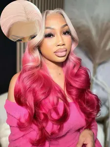 Ombre Hot Pink Body Wave Synthetic Lace Front Wigs 13x4 Lace Front Synthetic Wig Long Wavy Hair Wigs Glueless Pink Red Ombre Colored Wigs Heat Resistant Christmas Wig Natural Long Wave Lace Front Wigs For Daily Party Cosplay Use Glueless Frontal Wig