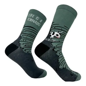 Women's Life Is A Tornado Socks Funny Cow Twister Footwear Funny Graphic Socks Comfortable Fitted Spandex Cotton