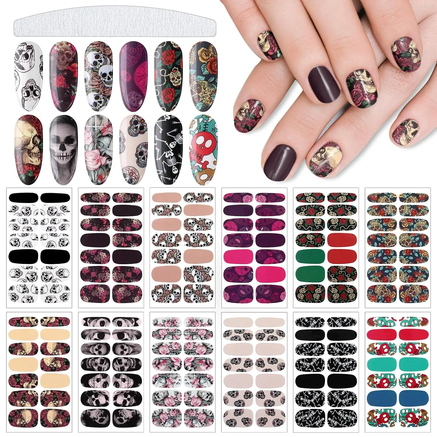 168 Pcs 12 Sheets Goth Full Wrap Nail Stickers Nail Polish Strips Decals Skull Self Adhesive for Easter Women DIY Decoration(Skeleton Style)