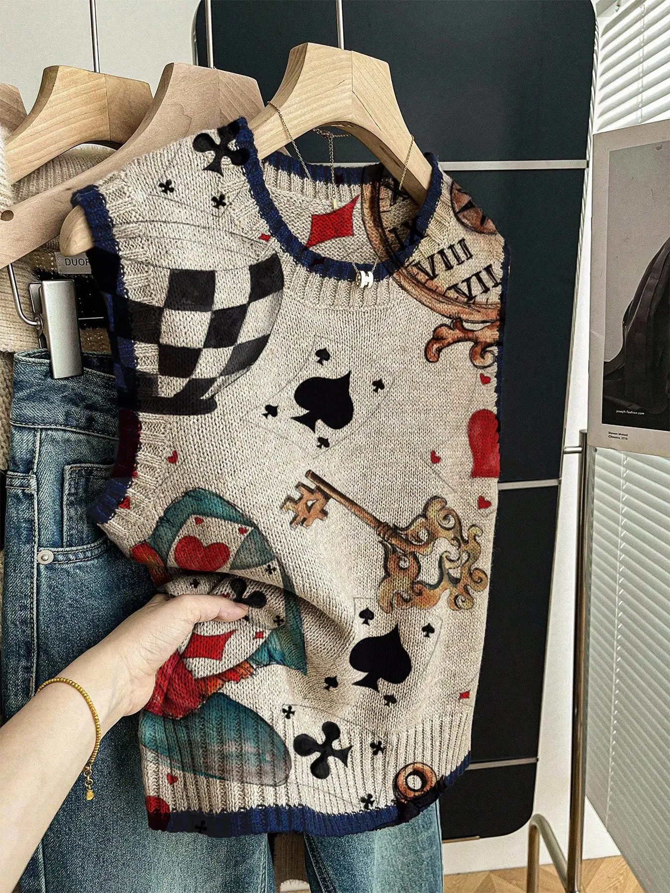 Spring Summer Casual Loose Round Neck Sleeveless Clothing Knit Top, Deep Blue Contrast Geometry Print, Women's Outerwear, Pair with Aesthetic Vest
