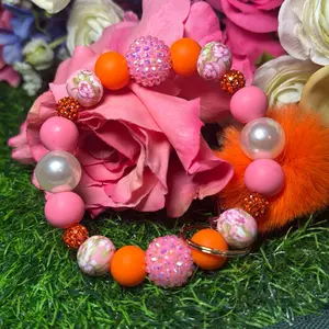 Orange blossom wristlet keychain color scheme royal blue and bling beads handmade with wire Accessories