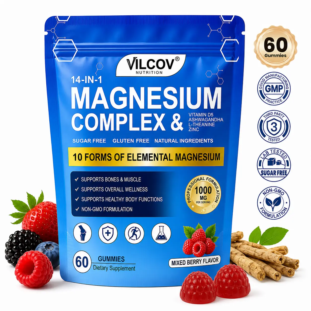 VILCOV 14-in-1 Magnesium Complex Gummies – 10 Types of Magnesium, 1000mg Complex with Ashwagandha, L-Theanine, D3 & Zinc – 90 Soft Chews for Calm Nights & Stress Support – Perfect for Summer Vibes or Mother’s Day Gift