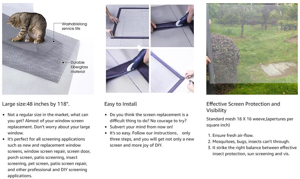 48x118 inch Durable Fiberglass Window Screen Mesh for Replacement in Screen Doors Sliding Doors Patios Windows UV Protection Smooth Air Flow High Durability 320N/inch Radial Strength