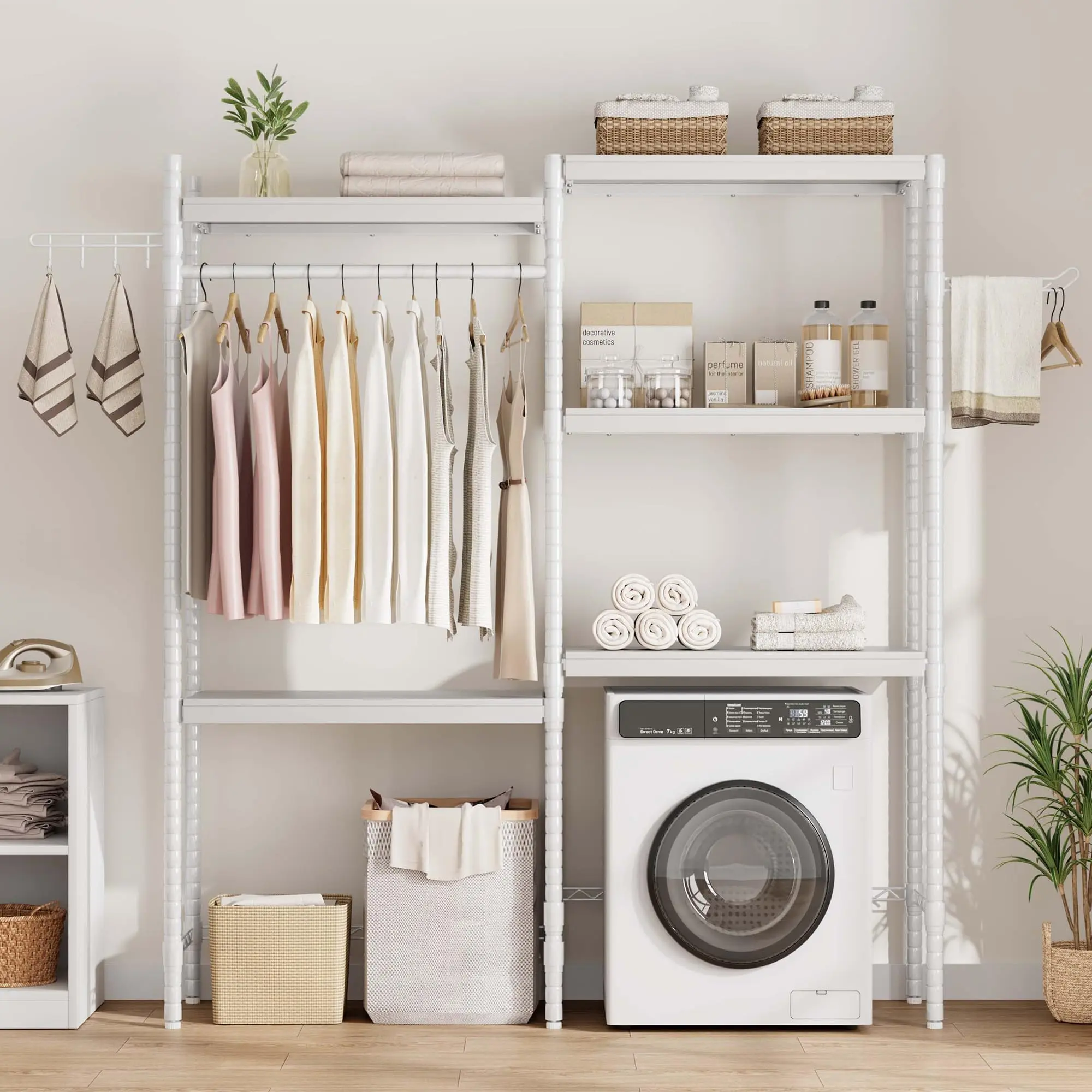Over the Washer and Dryer Storage Shelf, 5-Tier Laundry Room Shelves with Hanger Rod & Hooks, Space-Saving Storage Shelf with Adjustable Height for Laundry Room, 61" W x 11.8" D x 74" H(White)