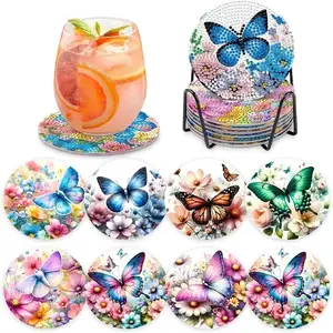 8-Piece Diamond Embroidery Coaster Set Butterfly Pattern (with Stand), DIY Diamond Art Craft Kit for Beginners, Home Decoration Gift, Diamond Painting Kits