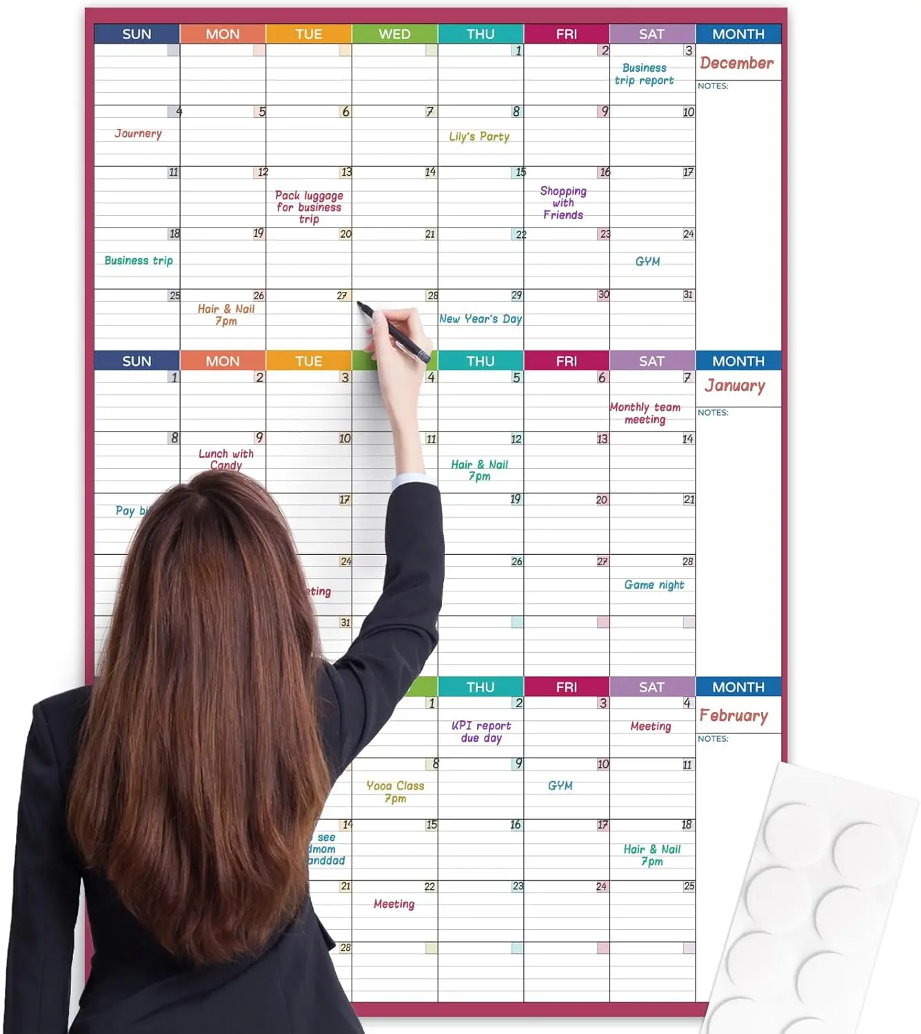 28x40" Vertical Undated 3-Month Large Wall Dry Erase Calendar, Laminated Erasable Reusable White Board with 8 Round Stickers for Home/Office Use