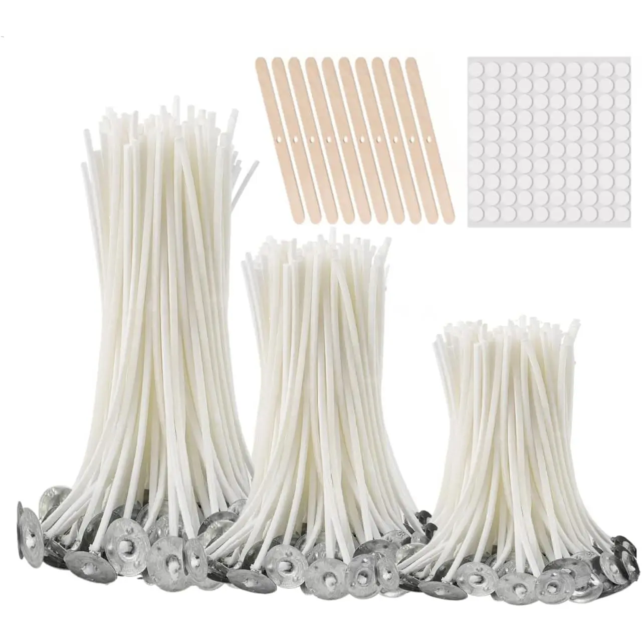 300 count Functional  Candle Wicks - Pre Waxed Cotton Wick with Metal Sustainer Tabs for Pillar Candle Making and DIY, 9cm/3.5in, 15cm/6in, 20cm/8in