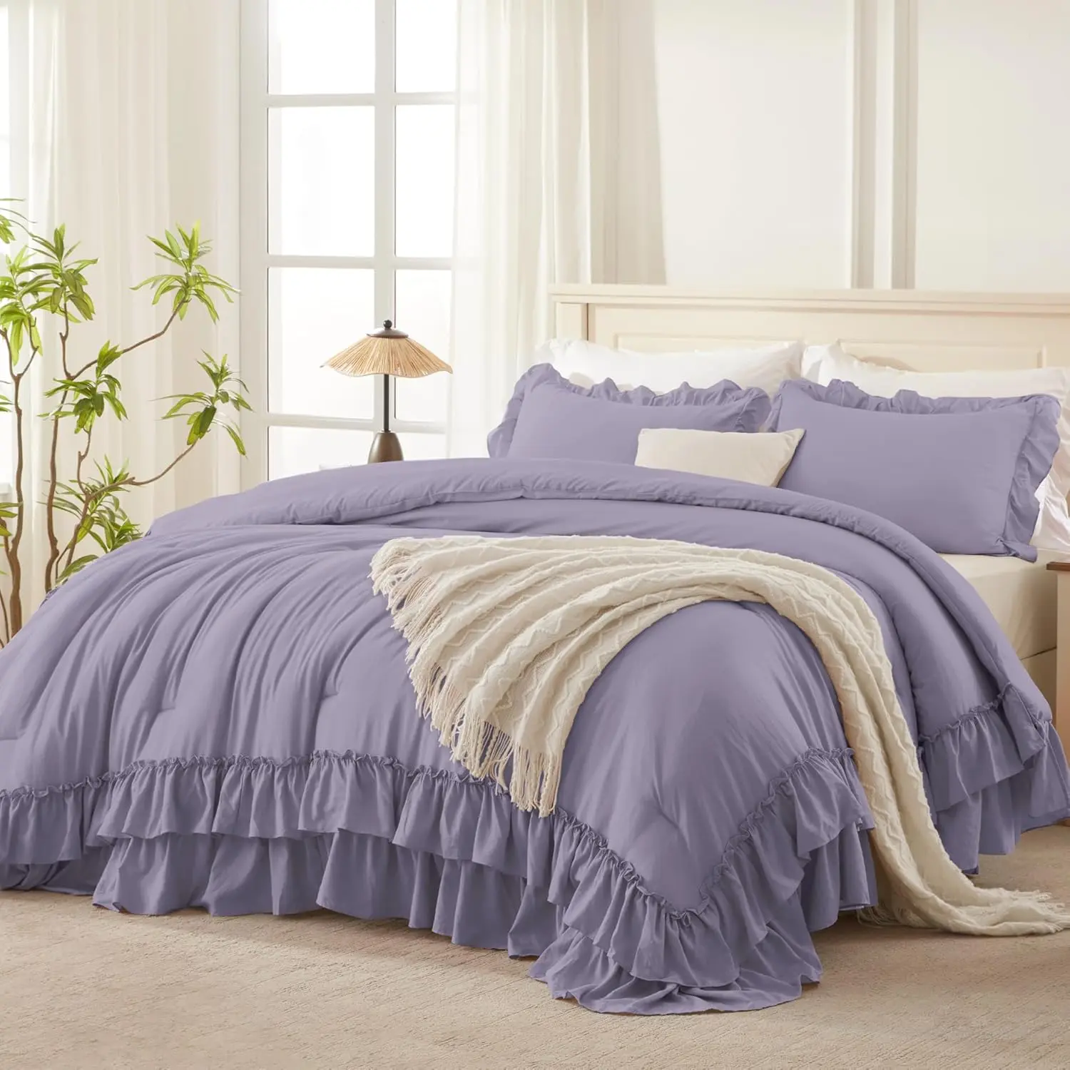 Grayish Purple Ruffle Comforter King, Farmhouse Comforter, Lightweight Fluffy Microfiber Bet 3 Comforter