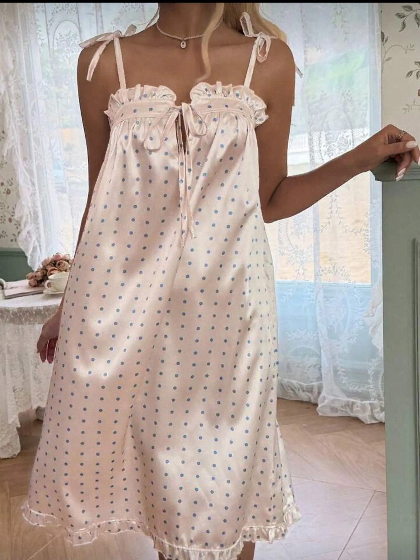 French Style Satin Polka Dot Nightdress, Tie-Back Adjustable Butterfly Strap, Ruffled Hem, Elegant Loose-Fit Sleepwear, Versatile Outerwear Option