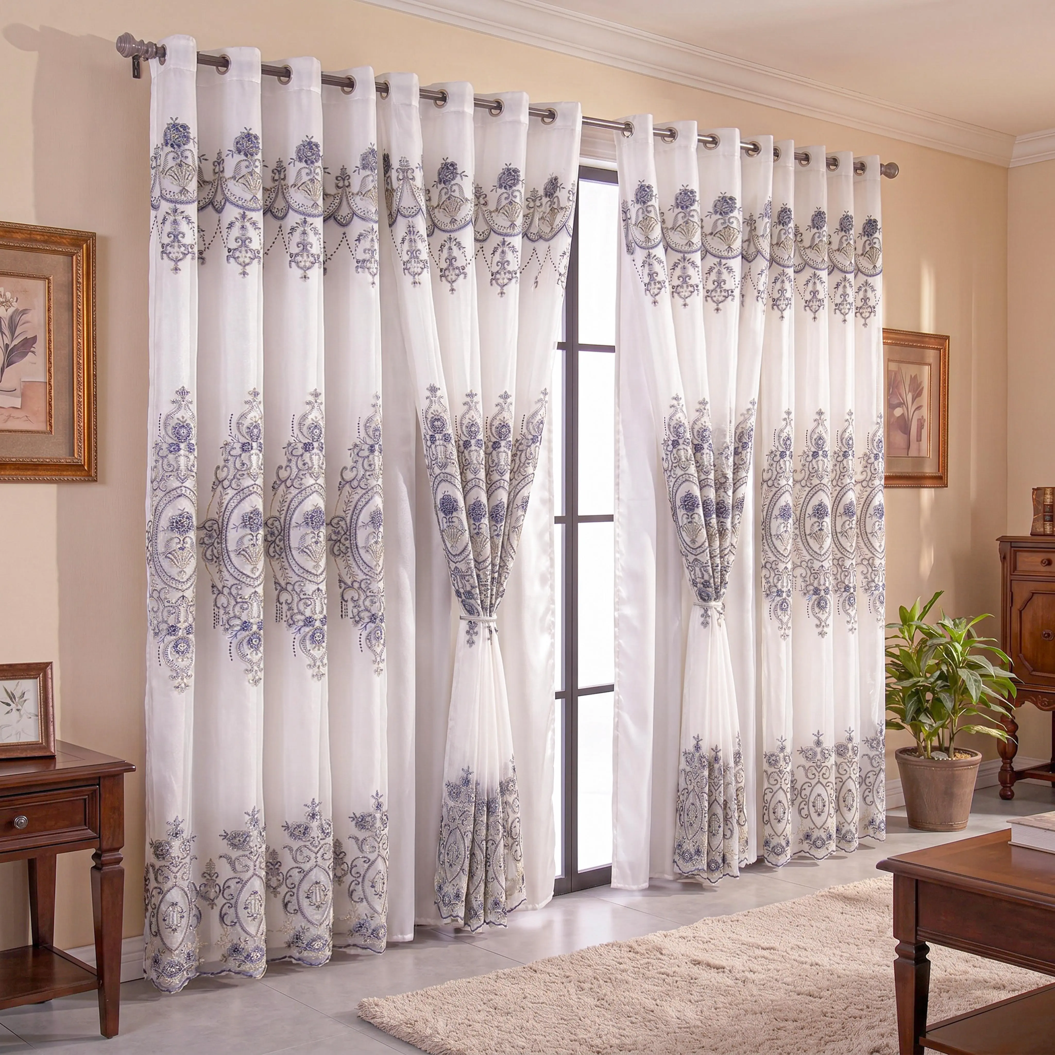 Luxury Double Layer Embroidered Curtain for Windows, 4-Panel Grommet Top Drapes with Attached Valance (52x84 in), Semi Shading Voile Sheer Thermal Insulated Light Filtering European Home Decor for Living Room Bedroom QF601