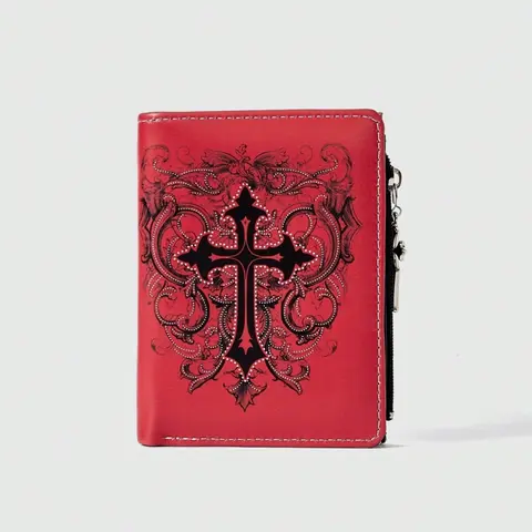 Gothic Unisex Wallet Punk Cross Design Functional Zipper Coin Purse, Casual Fashion Card Holder, Creative Patterned Money Bag, Durable Bifold Wallet, Multi Functional Wallet, Fashionable Wallet