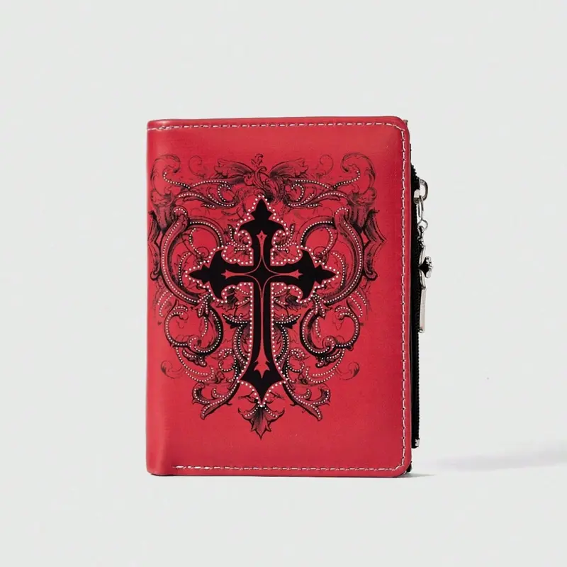 Gothic Unisex Wallet Punk Cross Design Functional Zipper Coin Purse, Casual Fashion Card Holder, Creative Patterned Money Bag, Durable Bifold Wallet, Multi Functional Wallet, Fashionable Wallet
