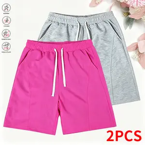 Two solid-color women’s casual athletic shorts with pockets—summer cotton drawstring shorts with pockets, stretchy shorts suitable for sports and running, featuring adjustable drawstrings—made from lightweight, breathable fabric.,summerwins