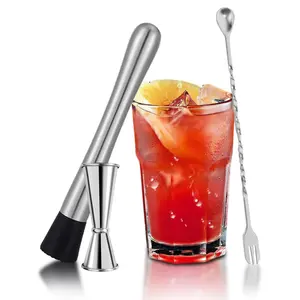 3 Pieces Silver Mixing Tools Set for Drinks, Muddler for Cocktails, 10 Inches Bar Spoon, 1 Oz 2 Oz Double Jigger