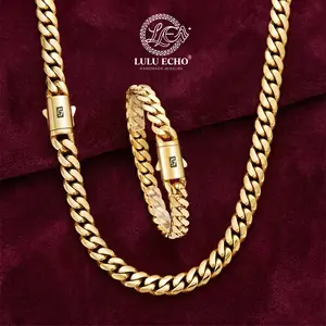 LuLuEcho 14K Gold Plated Miami Cuban Necklace Bracelet 【Set】 | Waterproof Non-Tarnish Chunky Chain | Streetwear Jewelry For Men Women | Free Gift Box