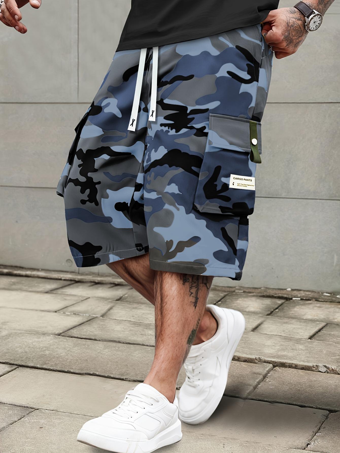 Men's Summer Casual Cargo Shorts - Elastic Drawstring Waist, Multiple Pockets & Letter Patch Design, Regular Fit Mid-Rise Non-Stretch Fabric for Daily Wear & Leisure Activities, Nontransparent Fabric