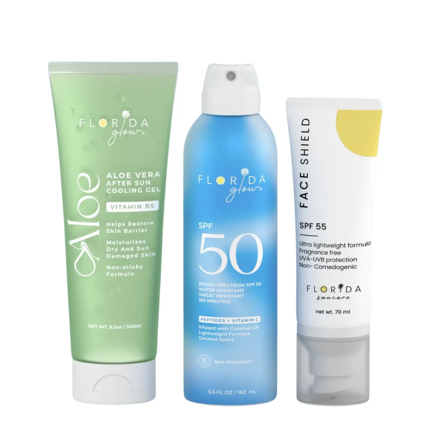 Florida Glow Suncare Starter Kit SPF 50+ | Face Shield SPF 55, Sunscreen Lotion & Spray SPF 50 | Natural Sunblock, UV Protection, Sun Resistant, Skin Repair, Travel Size Set