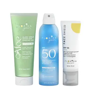 Florida Glow Suncare Starter Kit SPF 50+ | Face Shield SPF 55, Sunscreen Lotion & Spray SPF 50 | Natural Sunblock, UV Protection, Sun Resistant, Skin Repair, Travel Size Set