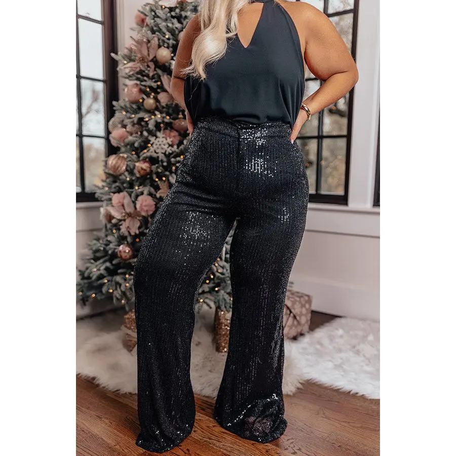 Dainty Glam Sequin High Waist Flare In Black Curves