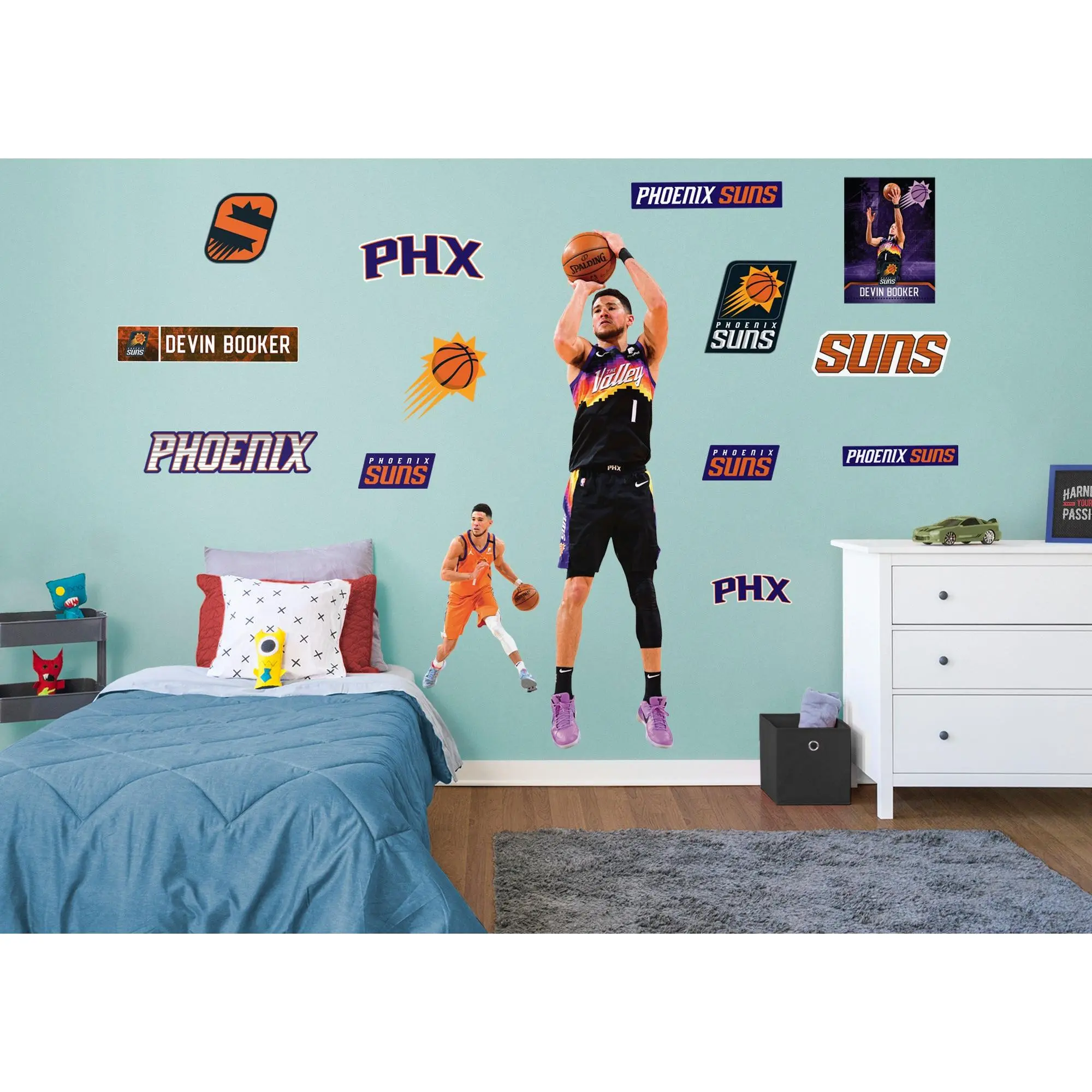 Devin Booker Official NBA Phoenix Suns Fan RealBig Shooting Collection Removable Vibrant Vinyl Wall Decals, Reusable Decorative Stickers for Room Decor