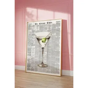 Trendy Martini Print, Vintage Newspaper Print, Retro Bar Cart Decor, Aesthetic Apartment Wall Art, Funky 70's art