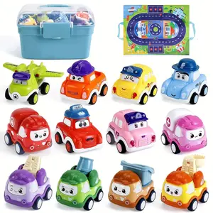Mini Cute Cartoon Car Truck Toy with Map & Storage Case, 12pcs/set Pull Back Inertia Car Toy, Birthday Gift for Kids