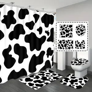 [Popular Choice]1pc/4pcs, bathroom curtains shower, bathroom set, shower curtains, bathroom rug, home decoration, bathroom mat, cow pattern, animal pattern theme decoration, bathroom set, and 12 hooks are given away.