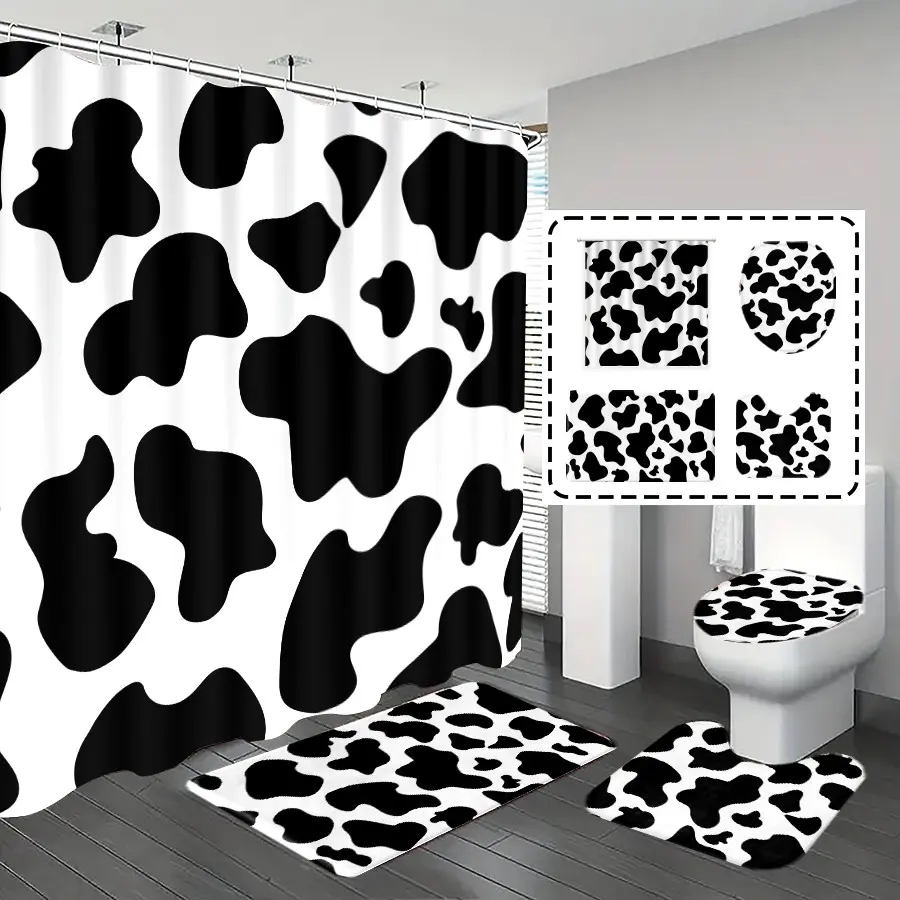 [Popular Choice]1pc/4pcs, bathroom curtains shower, bathroom set, shower curtains, bathroom rug, home decoration, bathroom mat, cow pattern, animal pattern theme decoration, bathroom set, Shower Curtain Sets, and 12 hooks are given away.