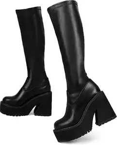 Womens Elastic Knee High Boots Platform Chunky Block High Heel Sock Boots Zipper round Toe Fashion Motorcycle Combat Punk Boots for Women