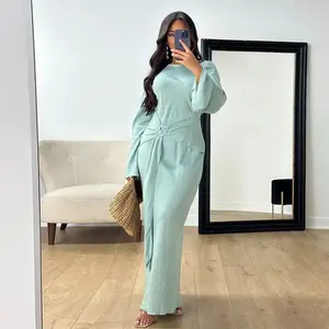 Autumn Fashion Solid Color Dress Muslim Women Round Neck Flared Long Sleeved Hip Hugging Long Skirt Elegant Slim Dress Women