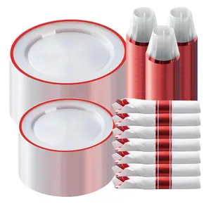 Goodluck 350PCS Red Plastic Dinnerware Set for 50 Guests - 50 Dinner Plates, 50 Dessert Plates, 50 Pre-Rolled Napkins, Cutlery & 50 Cups - BPA-Free, Sturdy & Durable, Elegant Design for Weddings, Parties & Holidays