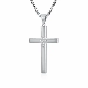 Mens Cross Necklace, Cubic Zirconia Cross Necklace Religious Jewelry for Women Stainless Steel Chain 24 Inch
