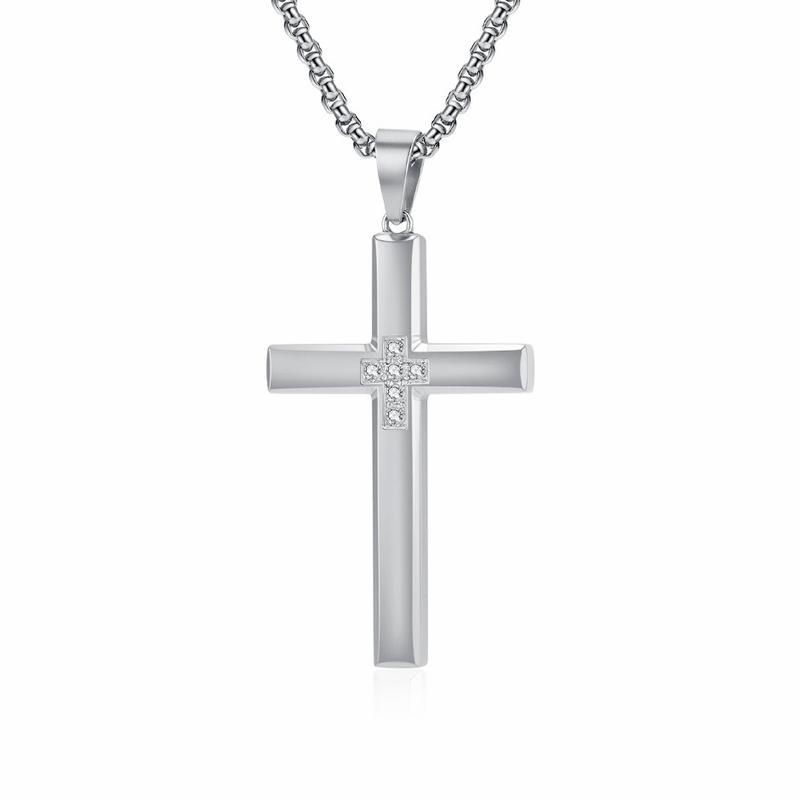 Mens Cross Necklace, Cubic Zirconia Cross Necklace Religious Jewelry for Women Stainless Steel Chain 24 Inch