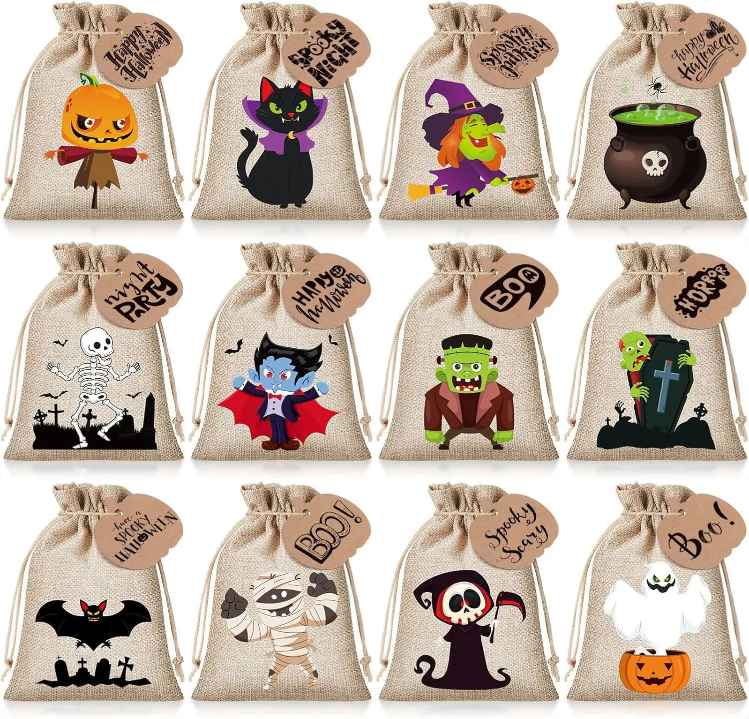 Halloween Goodie Bag Pumpkin Drawstring Bags Burlap Candy Bags with Pumpkin Cards Trick or Treat Bags for Friends Teacher Students Office Employee Coworker,Linen Jute Gift Bag for School Classroom Birthday Party Gift