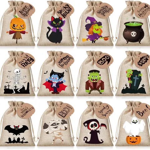 Scary Funky Unisex Burlap-Linen Jute Pumpkin Drawstring Goodie Bags with Pumpkin Cards, Halloween Trick-or-Treat Gift Pack for School Classroom, Festive Party Supplies