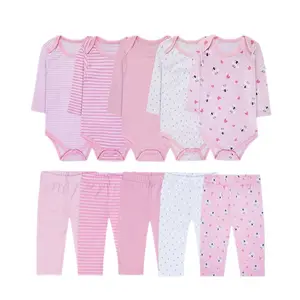 JY.COZY FOR BABY Girl Clothes 10 pieces Set Pink Pure Cotton 5 Long-Sleeve Romper onesie 5 Pants outfit Soft footie Breathable homewear Comfortable pajamas Newborns cloth baby stuff  with Roomy Fit Stylish cute Design