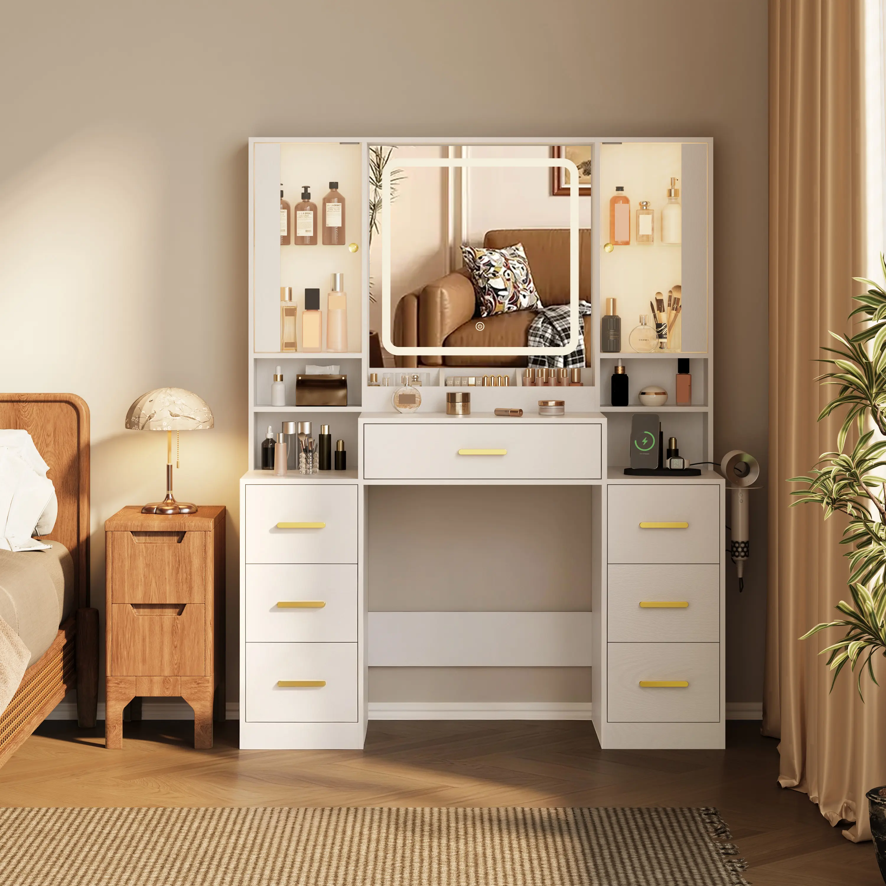 White Makeup Vanity with LED Mirror, Charging Station, 7 Drawers, Glass Display Cabinet, Adjustable Shelves, Large Storage Vanity Desk for Bedroom