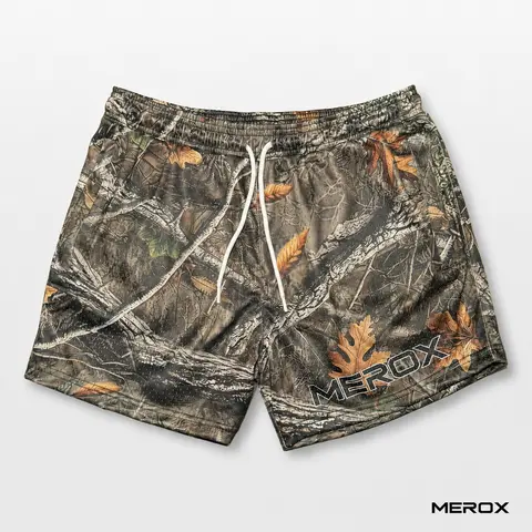MEROX Unisex 5-in Inseam Mesh Sports Shorts, Realistic Camo, Breathable Elastic Waist, Gym Clothes with Zip for Workout, Running, Outdoor Athletic Wear,