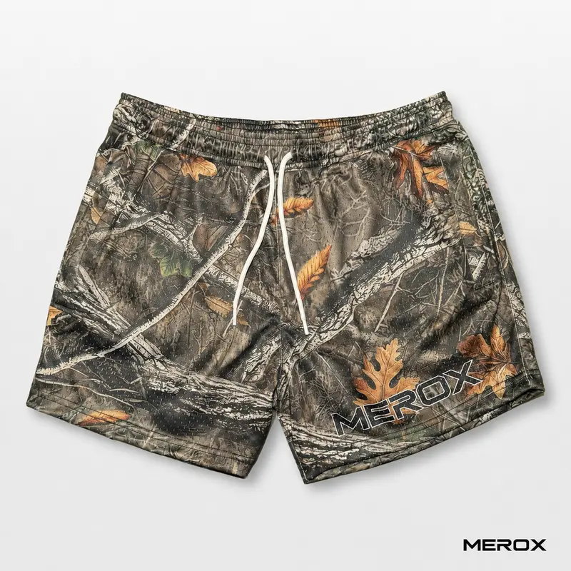 MEROX Unisex 5-in Inseam Mesh Sports Shorts, Realistic Camo, Breathable Elastic Waist, Gym Clothes with Zip for Workout, Running, Outdoor Athletic Wear,