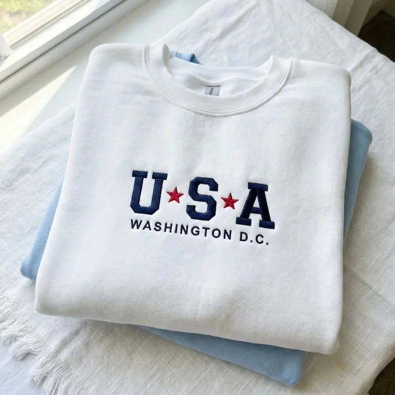 Embroidered USA Washington DC Sweatshirt, America 250 Years Shirt, Patriotic Fourth of July Crewneck