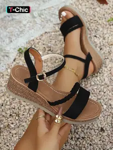 Women's Bohemian Style Hemp Braided Wedge Sandals, Adjustable Buckle Ankle Strap, Summer Beach Commute Casual Shoes, Open-Toe Comfortable Footwear